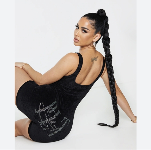 PRETTYLITTLETHING Shape Black Velour Diamante Unitard New with Tags Size 14 - Picture 1 of 7